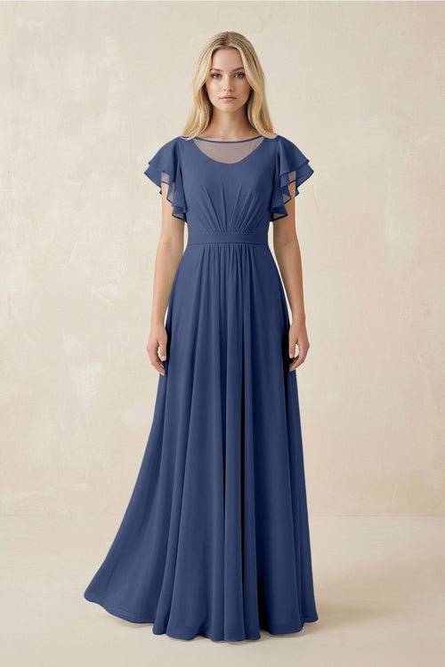 Cap Sleeve Ruffled A - Line Chiffon Bridesmaid Dress in Navy - SHE IS ME Bridesmaid Dresses