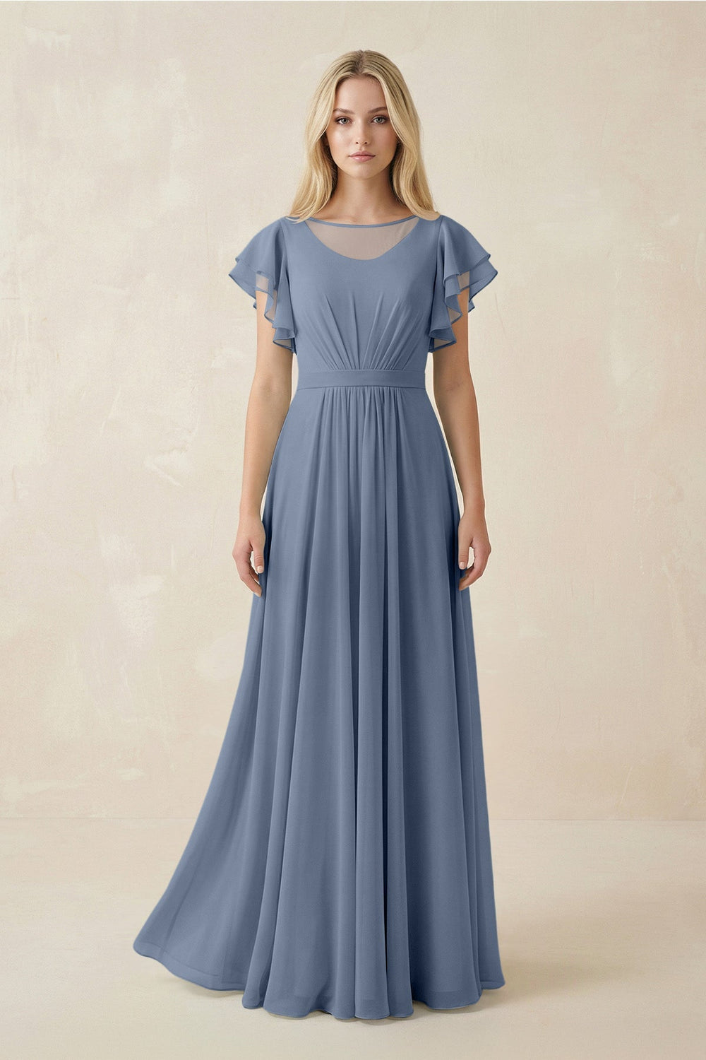 Cap Sleeve Ruffled A - Line Chiffon Bridesmaid Dress in Neptune - SHE IS ME Bridesmaid Dresses
