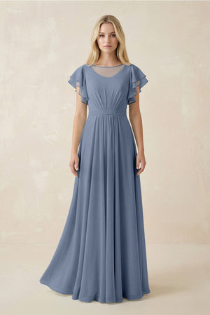 Cap Sleeve Ruffled A - Line Chiffon Bridesmaid Dress in Neptune - SHE IS ME Bridesmaid Dresses