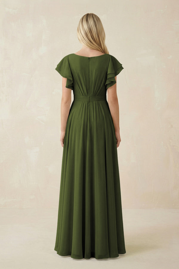 Cap Sleeve Ruffled A - Line Chiffon Bridesmaid Dress in Olive - SHE IS ME Bridesmaid Dresses