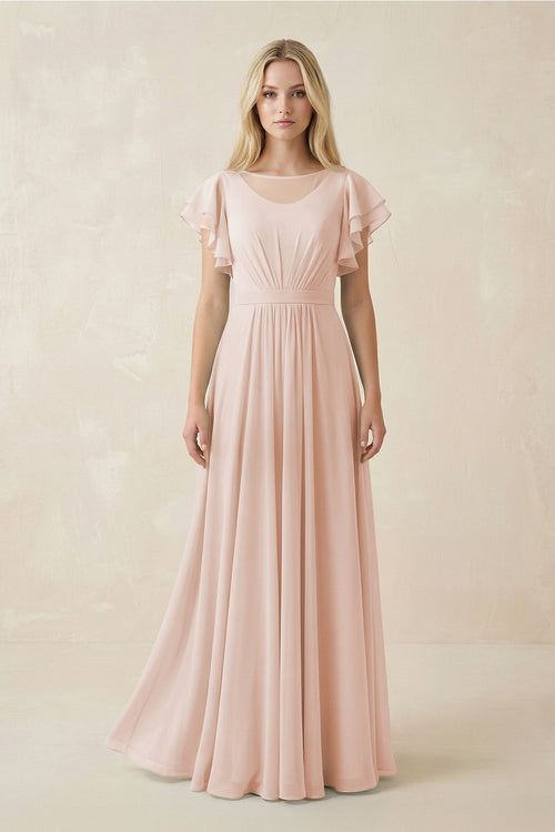 Cap Sleeve Ruffled A - Line Chiffon Bridesmaid Dress in Pale Blush - SHE IS ME Bridesmaid Dresses