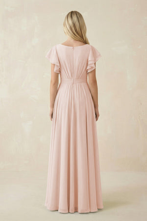Cap Sleeve Ruffled A - Line Chiffon Bridesmaid Dress in Pale Blush - SHE IS ME Bridesmaid Dresses