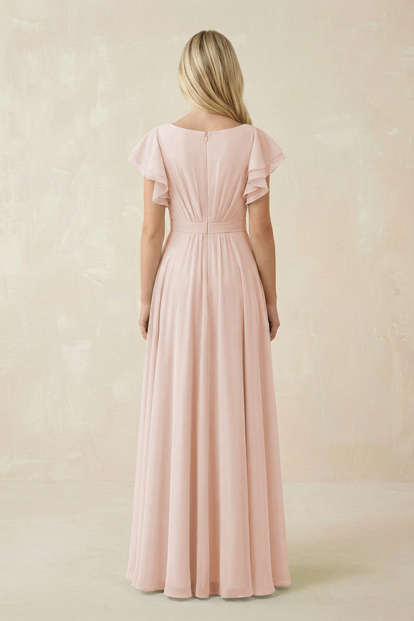 Cap Sleeve Ruffled A - Line Chiffon Bridesmaid Dress in Pale Blush - SHE IS ME Bridesmaid Dresses