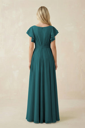 Cap Sleeve Ruffled A - Line Chiffon Bridesmaid Dress in Pine - SHE IS ME Bridesmaid Dresses
