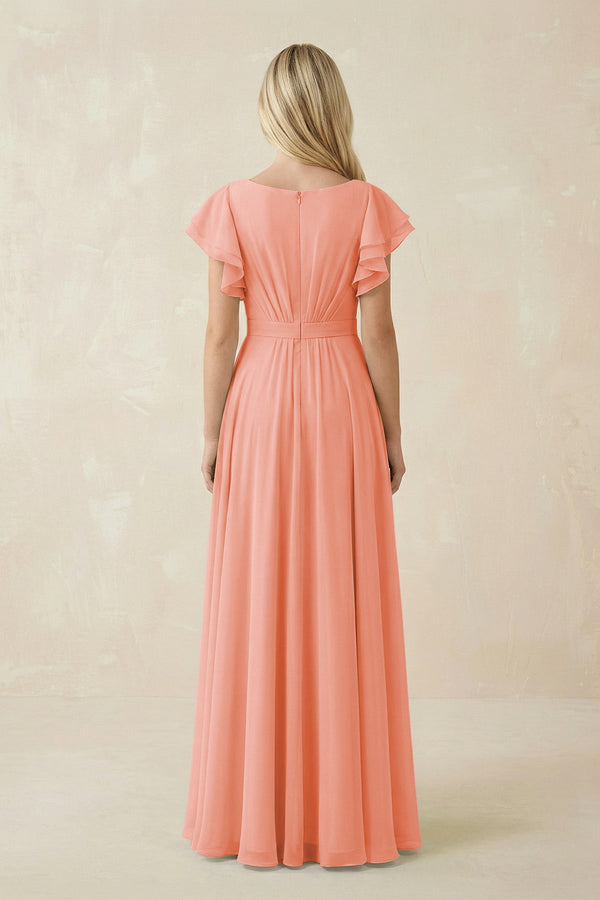 Cap Sleeve Ruffled A - Line Chiffon Bridesmaid Dress in Rosette - SHE IS ME Bridesmaid Dresses