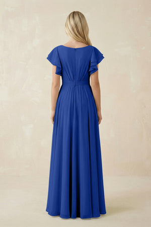 Cap Sleeve Ruffled A - Line Chiffon Bridesmaid Dress in Royal Blue - SHE IS ME Bridesmaid Dresses