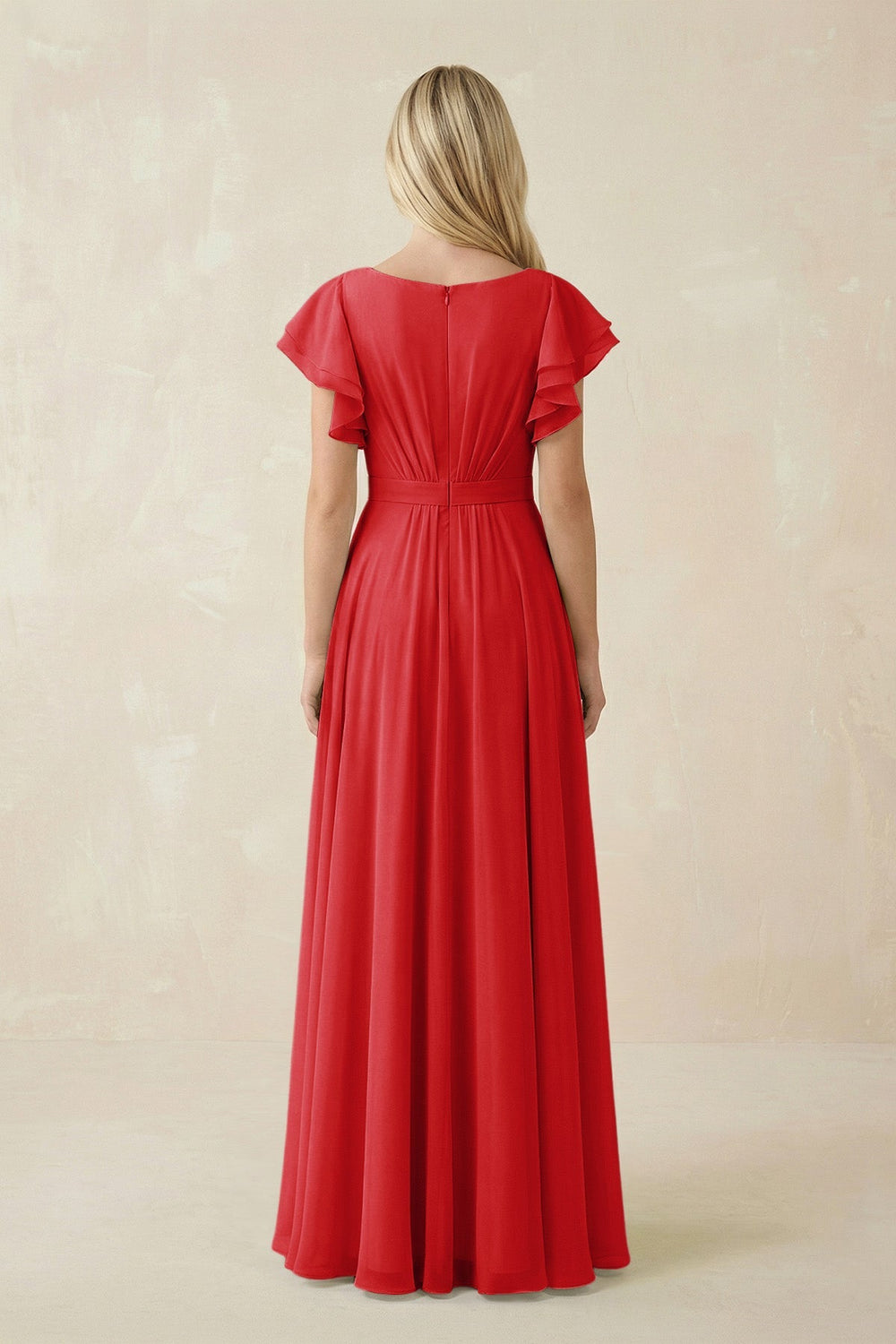 Cap Sleeve Ruffled A - Line Chiffon Bridesmaid Dress in Ruby Red - SHE IS ME Bridesmaid Dresses