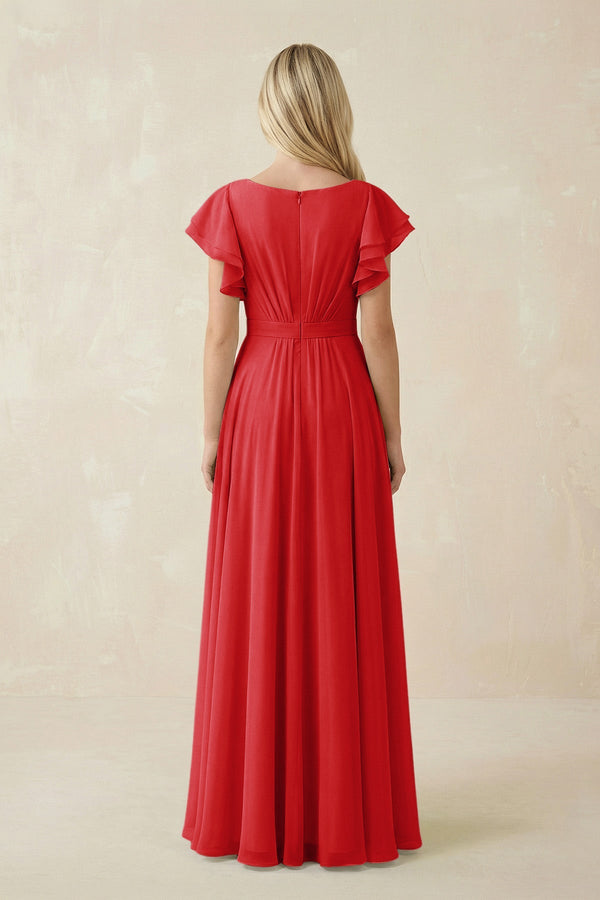 Cap Sleeve Ruffled A - Line Chiffon Bridesmaid Dress in Ruby Red - SHE IS ME Bridesmaid Dresses