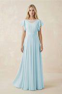 Cap Sleeve Ruffled A - Line Chiffon Bridesmaid Dress in Sky Blue - SHE IS ME Bridesmaid Dresses
