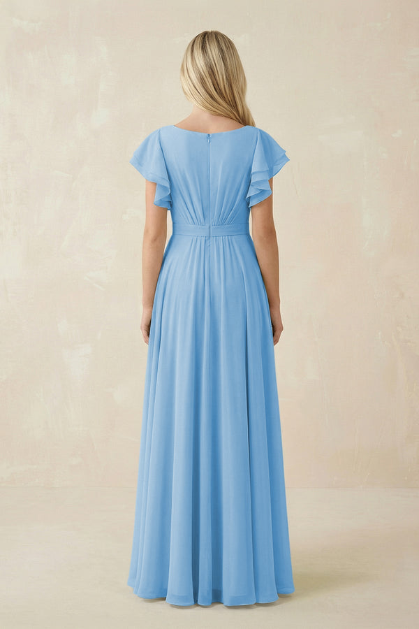 Cap Sleeve Ruffled A - Line Chiffon Bridesmaid Dress in Steel Blue - SHE IS ME Bridesmaid Dresses