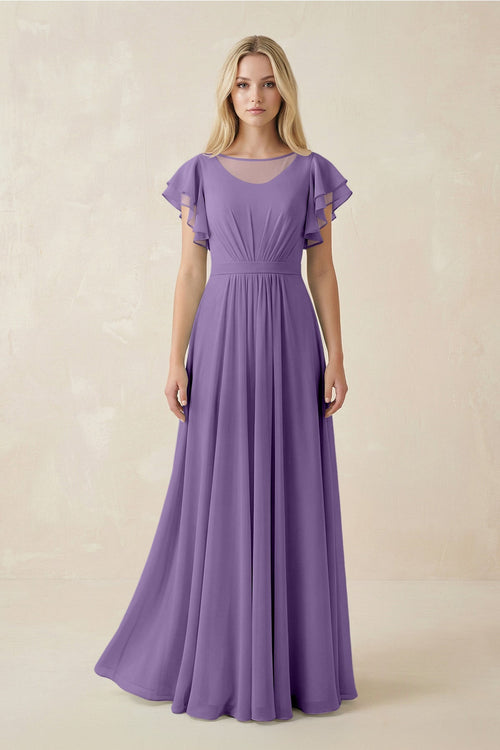 Cap Sleeve Ruffled A - Line Chiffon Bridesmaid Dress in Tahiti - SHE IS ME Bridesmaid Dresses