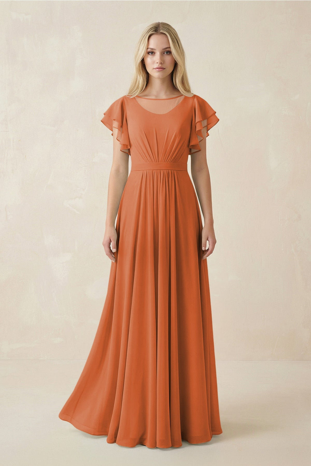 Cap Sleeve Ruffled A - Line Chiffon Bridesmaid Dress in Terracotta - SHE IS ME Bridesmaid Dresses