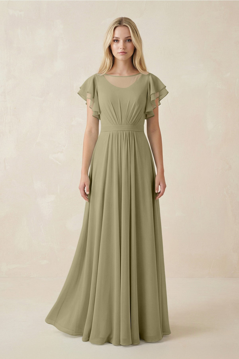Cap Sleeve Ruffled A - Line Chiffon Bridesmaid Dress in Thyme - SHE IS ME Bridesmaid Dresses