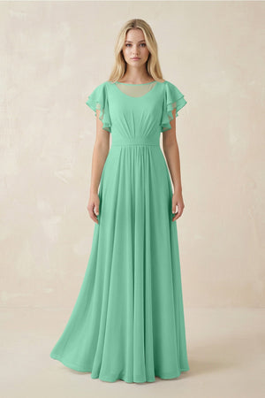 Cap Sleeve Ruffled A - Line Chiffon Bridesmaid Dress in Turquoise - SHE IS ME Bridesmaid Dresses