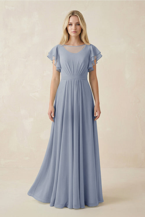 Cap Sleeve Ruffled A - Line Chiffon Bridesmaid Dress in Twilight - SHE IS ME Bridesmaid Dresses