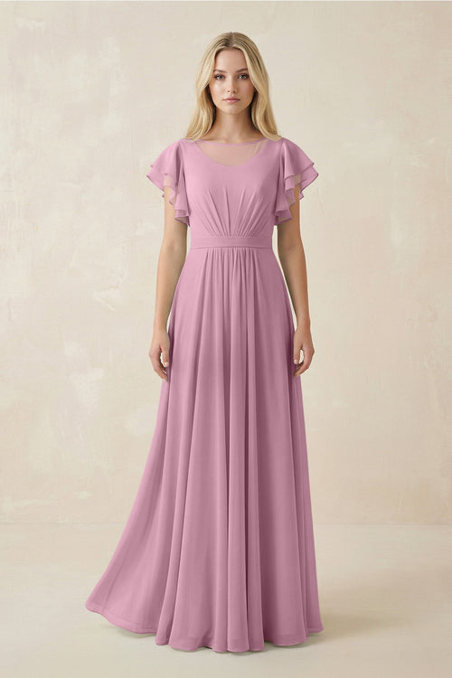 Cap Sleeve Ruffled A - Line Chiffon Bridesmaid Dress in Vintage Mauve - SHE IS ME Bridesmaid Dresses