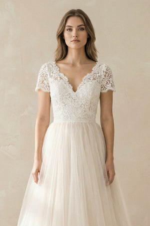 Champagne Lace Cap Sleeve A - Line Wedding Dress - SHE IS ME Wedding Dresses