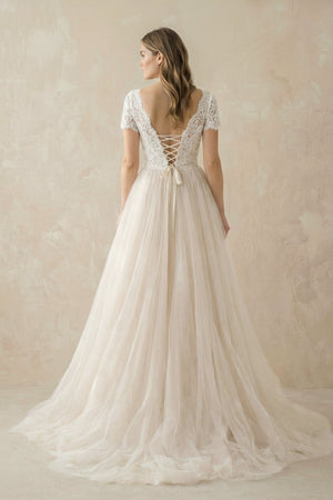 Champagne Lace Cap Sleeve A - Line Wedding Dress - SHE IS ME Wedding Dresses
