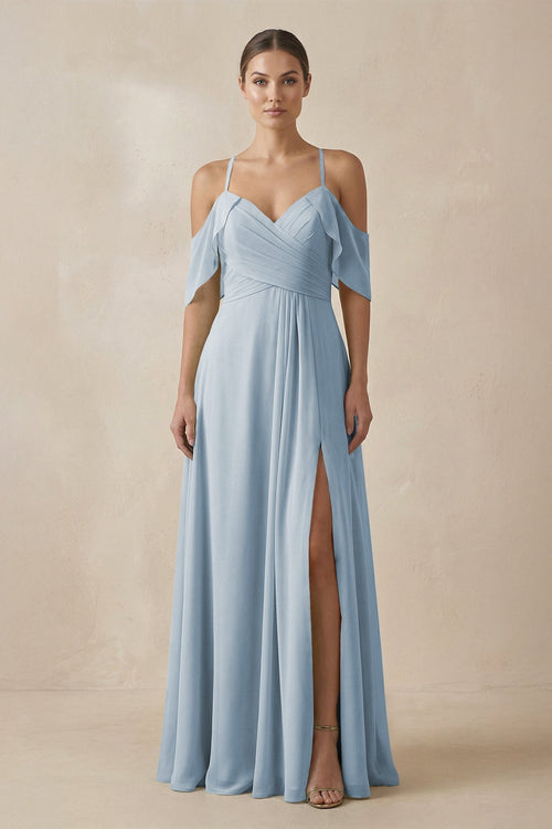 Chiffon A - Line Long Bridesmaid Dress in Dusty Blue - SHE IS ME Bridesmaid Dresses