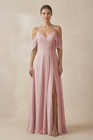 Chiffon A - Line Long Bridesmaid Dress in Dusty Rose - SHE IS ME Bridesmaid Dresses