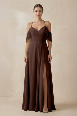 Chiffon A - Line Long Bridesmaid Dress in Espresso - SHE IS ME Bridesmaid Dresses