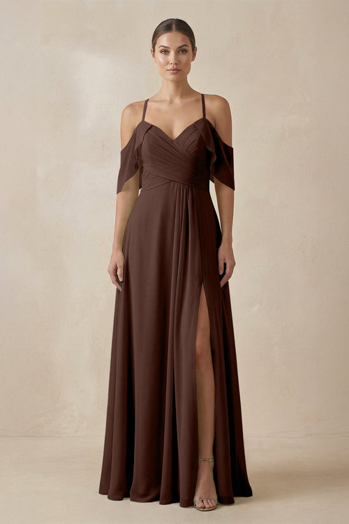 Chiffon A - Line Long Bridesmaid Dress in Espresso - SHE IS ME Bridesmaid Dresses