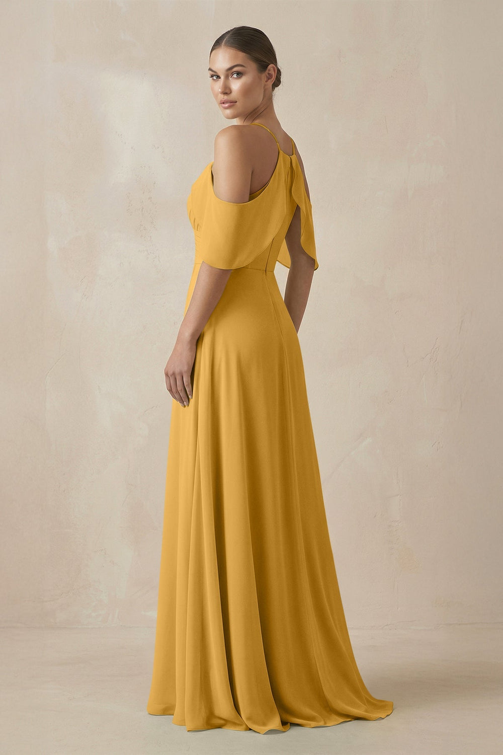 Chiffon A - Line Long Bridesmaid Dress in Marigold - SHE IS ME Bridesmaid Dresses