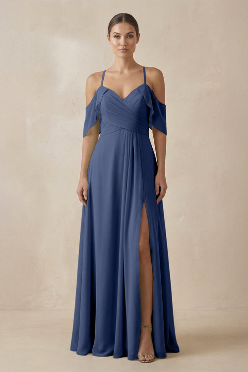 Chiffon A - Line Long Bridesmaid Dress in Navy - SHE IS ME Bridesmaid Dresses