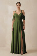 Chiffon A - Line Long Bridesmaid Dress in Olive - SHE IS ME Bridesmaid Dresses