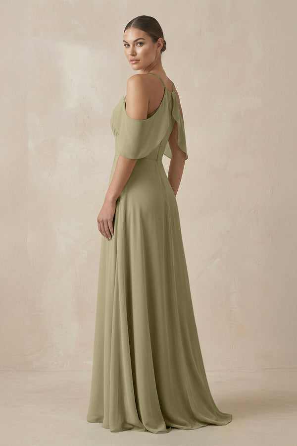Chiffon A - Line Long Bridesmaid Dress in Thyme - SHE IS ME Bridesmaid Dresses