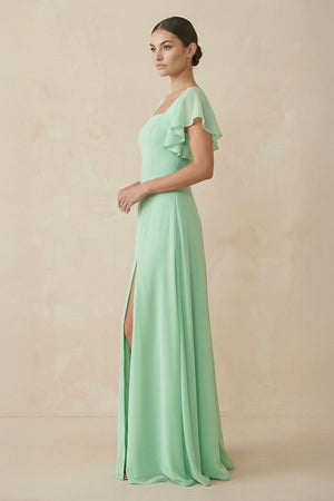 Chiffon A-Line Long Bridesmaid Dress with Flutter Sleeves in Pale Pistachio - SHE IS ME BRIDESMAID DRESSES