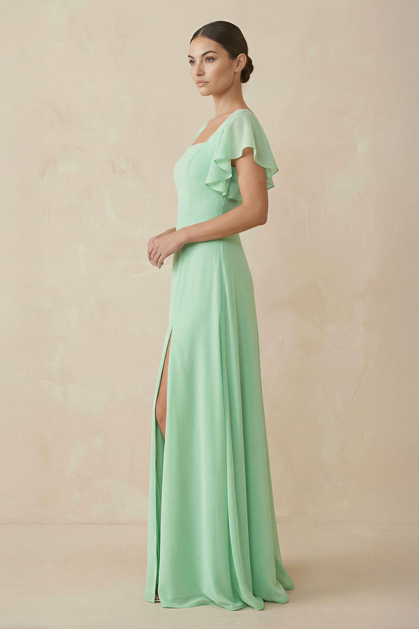 Chiffon A-Line Long Bridesmaid Dress with Flutter Sleeves in Pale Pistachio - SHE IS ME BRIDESMAID DRESSES