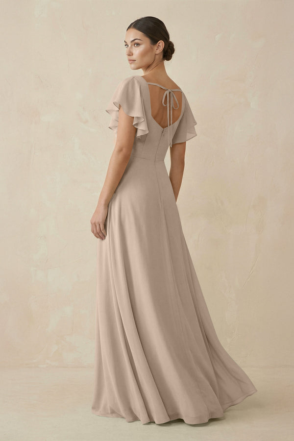 Chiffon A - Line Long Bridesmaid Dress with Flutter Sleeves in Almond - SHE IS ME Bridesmaid Dresses