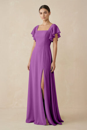 Chiffon A - Line Long Bridesmaid Dress with Flutter Sleeves in Amethyst - SHE IS ME Bridesmaid Dresses