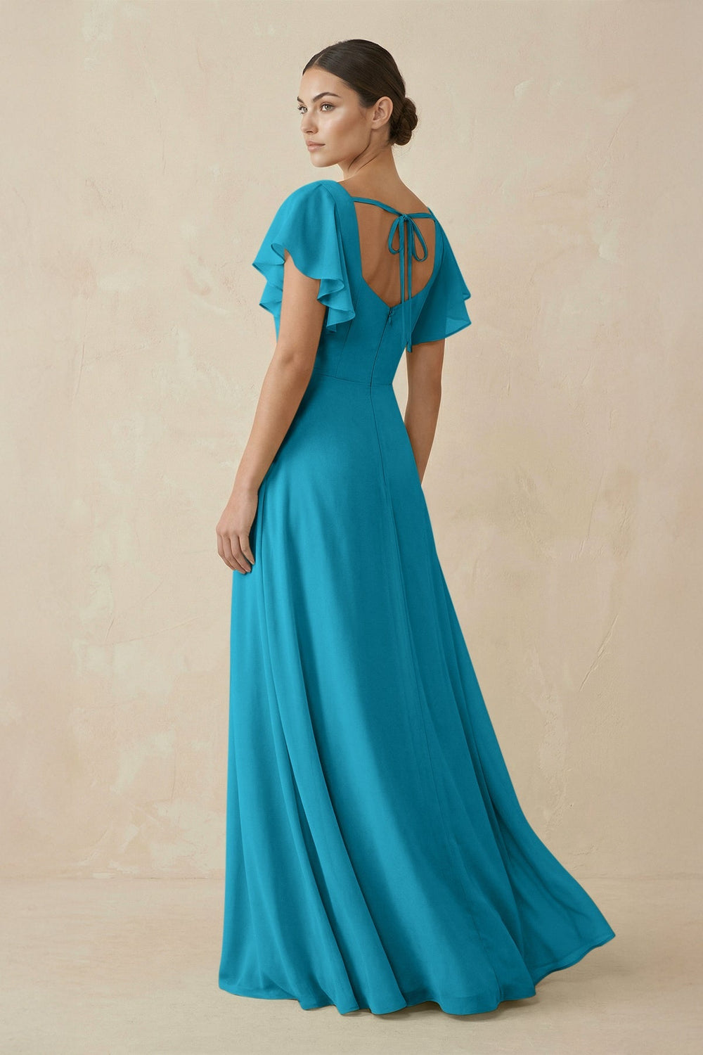 Chiffon A - Line Long Bridesmaid Dress with Flutter Sleeves in Blue Jay - SHE IS ME Bridesmaid Dresses