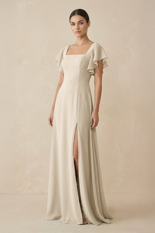 Chiffon A - Line Long Bridesmaid Dress with Flutter Sleeves in Champagne - SHE IS ME Bridesmaid Dresses
