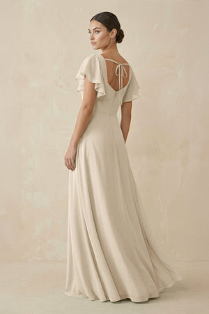 Chiffon A - Line Long Bridesmaid Dress with Flutter Sleeves in Champagne - SHE IS ME Bridesmaid Dresses