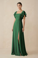 Chiffon A - Line Long Bridesmaid Dress with Flutter Sleeves in Dark Green - SHE IS ME Bridesmaid Dresses