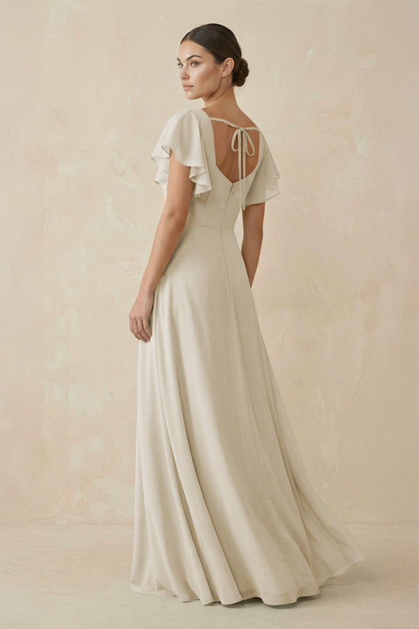 Chiffon A - Line Long Bridesmaid Dress with Flutter Sleeves in Dove Gray - SHE IS ME Bridesmaid Dresses