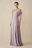 Chiffon A - Line Long Bridesmaid Dress with Flutter Sleeves in Dusk - SHE IS ME Bridesmaid Dresses