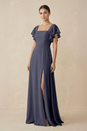 Chiffon A - Line Long Bridesmaid Dress with Flutter Sleeves in Dusk Blue - SHE IS ME Bridesmaid Dresses