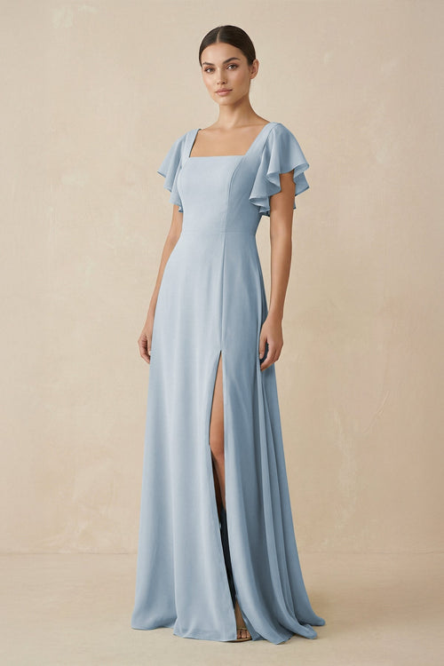 Chiffon A - Line Long Bridesmaid Dress with Flutter Sleeves in Dusty Blue - SHE IS ME Bridesmaid Dresses