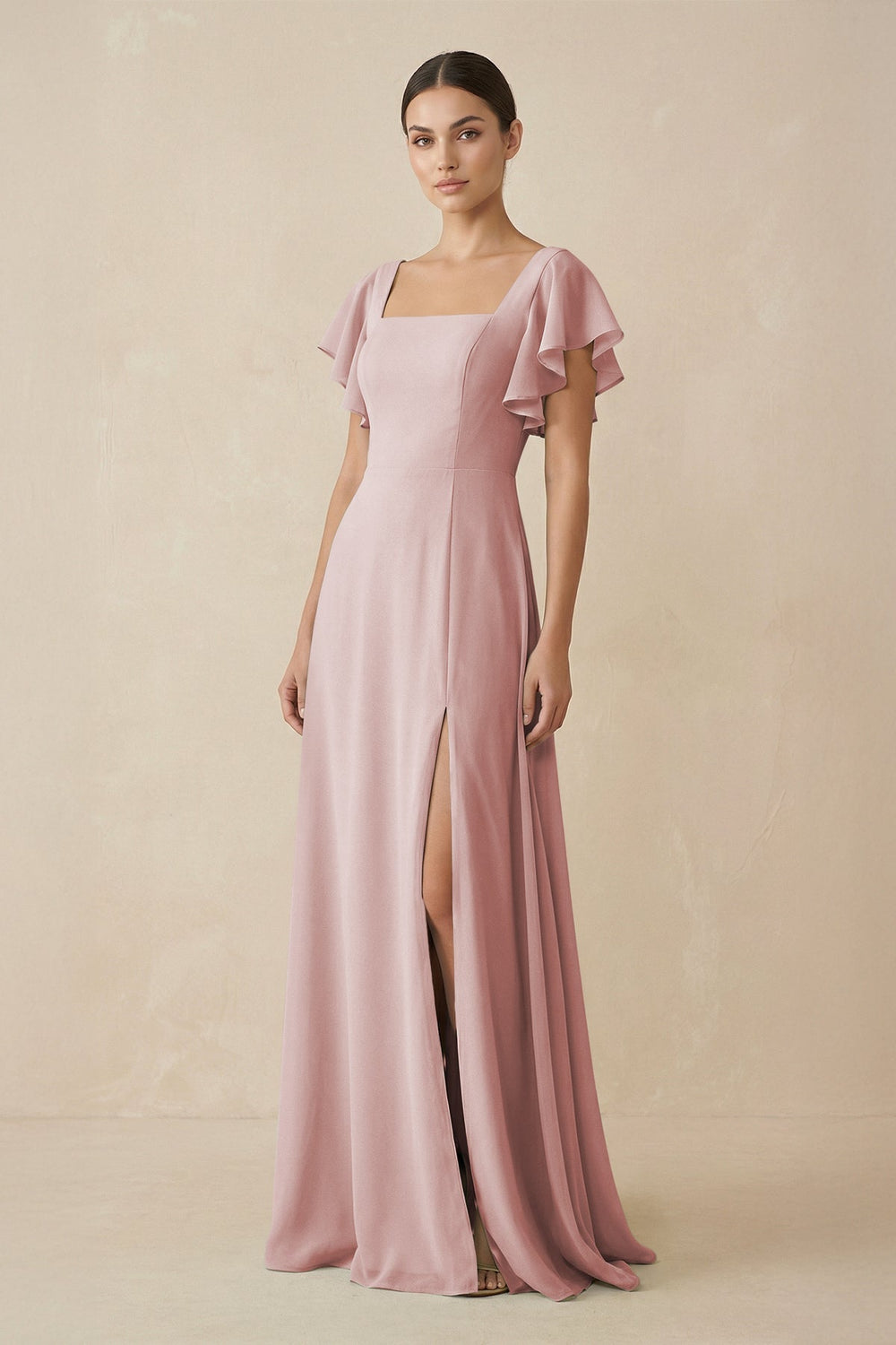 Chiffon A - Line Long Bridesmaid Dress with Flutter Sleeves in Dusty Rose - SHE IS ME Bridesmaid Dresses
