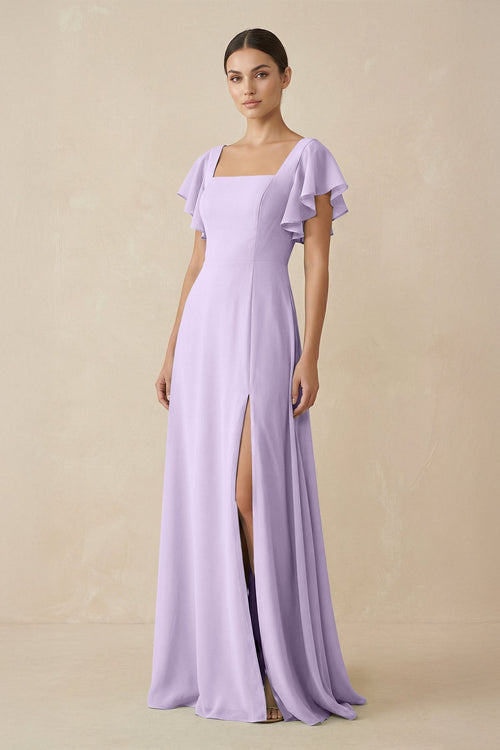 Chiffon A - Line Long Bridesmaid Dress with Flutter Sleeves in Lavender - SHE IS ME Bridesmaid Dresses