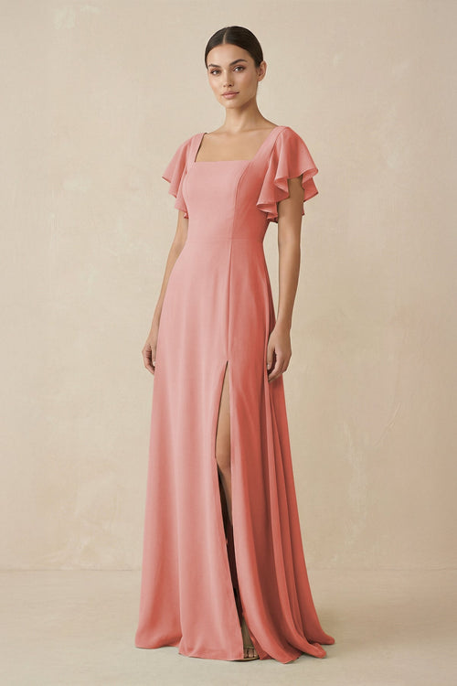 Chiffon A - Line Long Bridesmaid Dress with Flutter Sleeves in Mulberry - SHE IS ME Bridesmaid Dresses