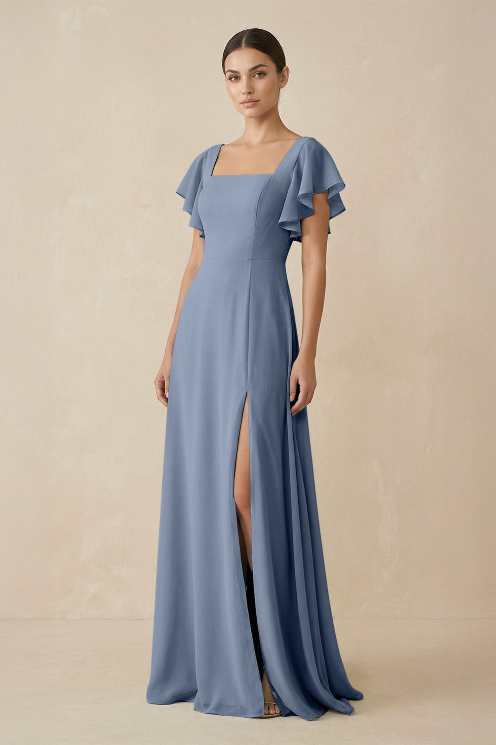 Chiffon A - Line Long Bridesmaid Dress with Flutter Sleeves in Neptune - SHE IS ME Bridesmaid Dresses