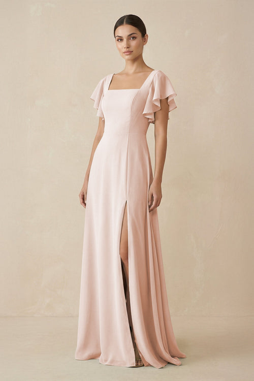 Chiffon A - Line Long Bridesmaid Dress with Flutter Sleeves in Pale Blush - SHE IS ME Bridesmaid Dresses