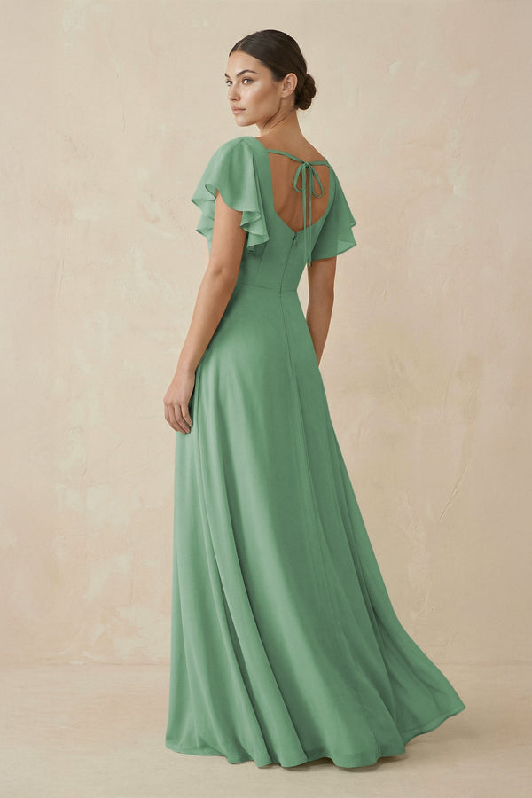 Chiffon A - Line Long Bridesmaid Dress with Flutter Sleeves in Sea Glass - SHE IS ME Bridesmaid Dresses