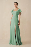 Chiffon A - Line Long Bridesmaid Dress with Flutter Sleeves in Sea Glass - SHE IS ME Bridesmaid Dresses