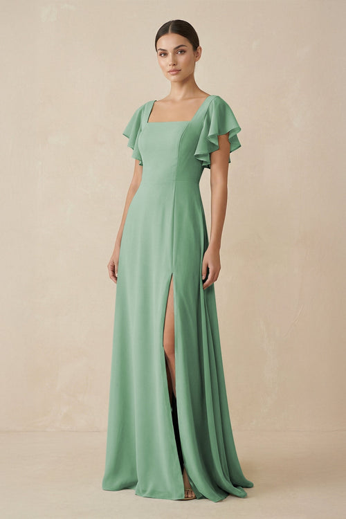 Chiffon A - Line Long Bridesmaid Dress with Flutter Sleeves in Sea Glass - SHE IS ME Bridesmaid Dresses